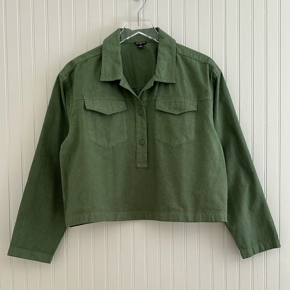 J. Crew Popover Shirt in Cotton -Linen Blend in Olive